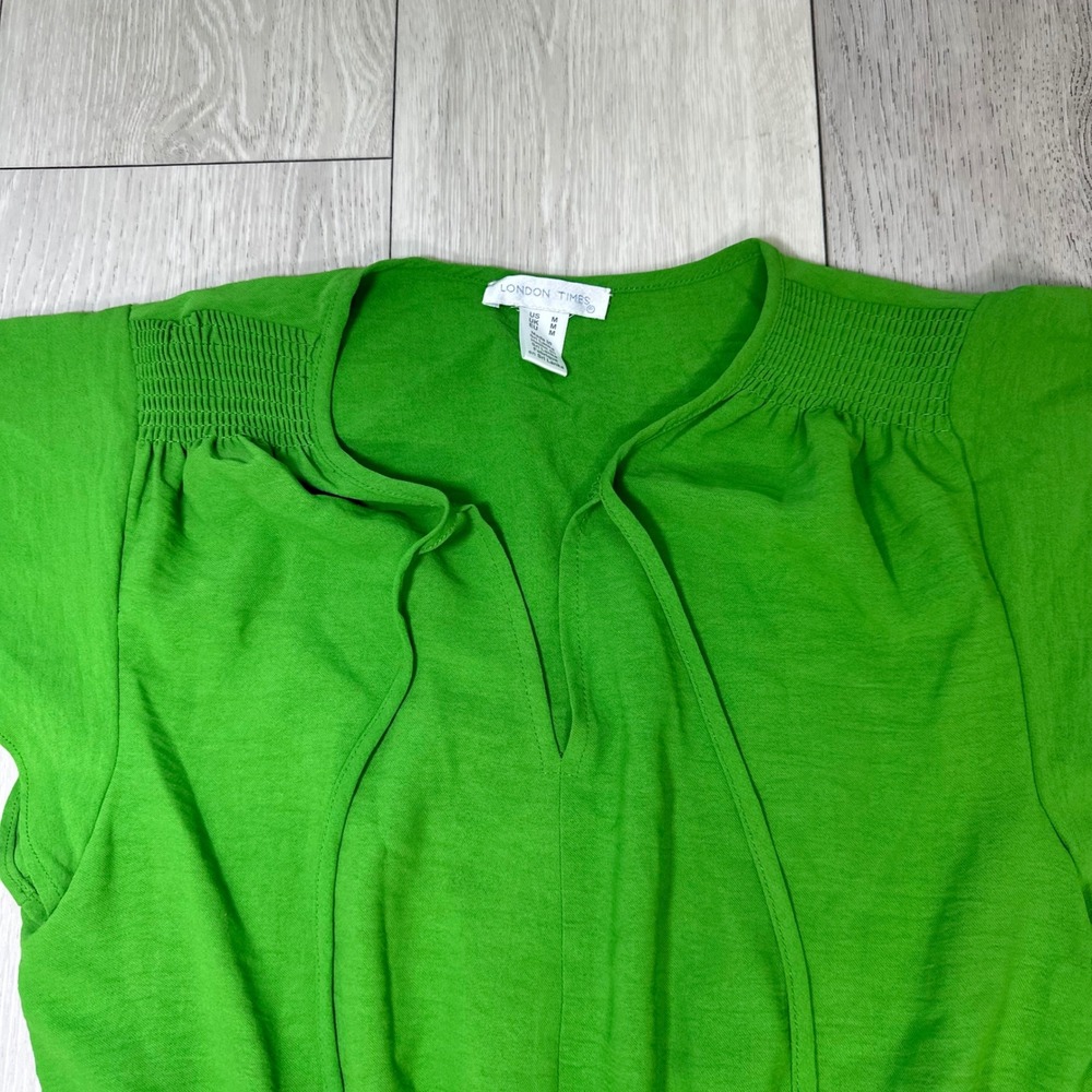 London times green mini smocked waist tie neck ruffle dress flutter medium - Picture 5 of 11